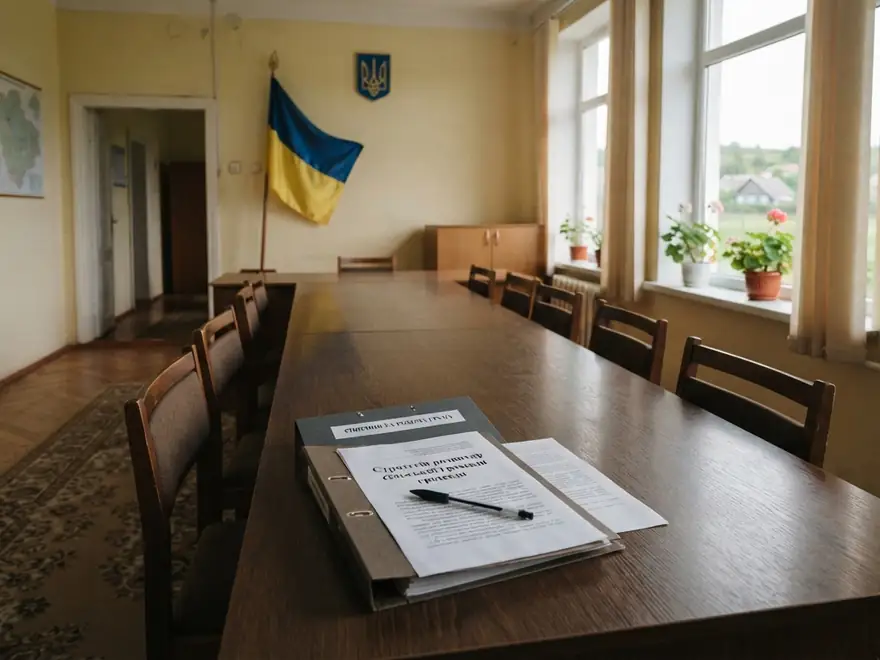 Порожній зал засідань сільської ради: довгий стіл, папка з проєктом рішення про розроблення стратегії і ручка на ній