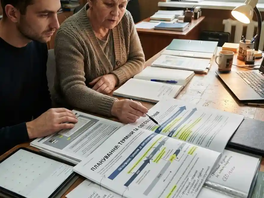 Двоє за столом розбирають роздруківку з термінами і погодженнями процедури, поруч папки і настільна лампа