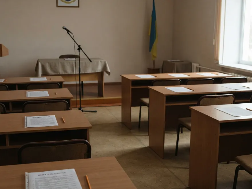 Сесійна зала громади перед голосуванням: ряди столів із роздрукованим порядком денним, мікрофон на стійці